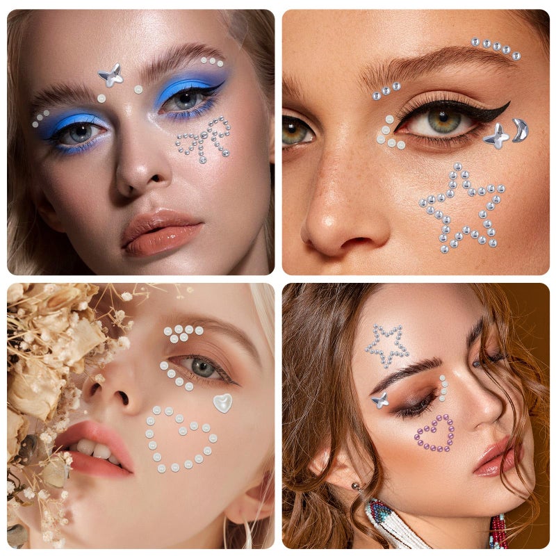 Hpmjz 7 Sheets Face Gems Stickers Self Adhesive 3D Star Heart Moon Shape Jewels Sparkly Face Rhinestone Stickers Stick on Gems Pearl Rhinestones Sticker Faces Hair Body Crafts Halloween Festival Decor - Image 3